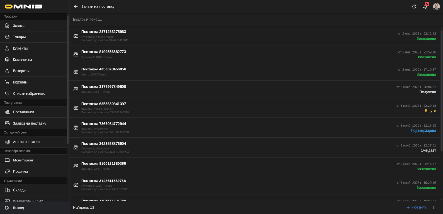 Список заявок на поставку в Omnis