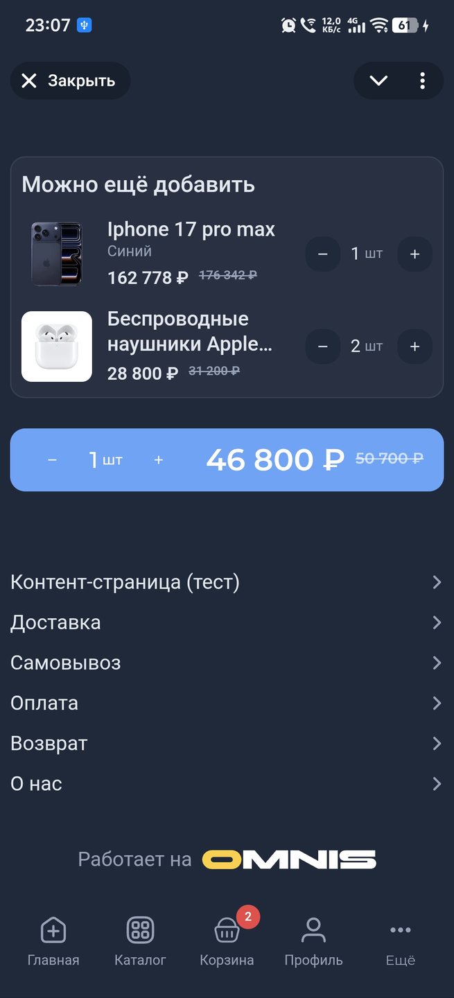 Карточка товара после добавления в корзину