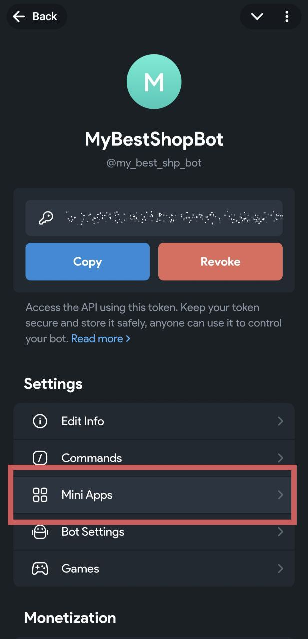 Раздел Mini Apps в BotFather