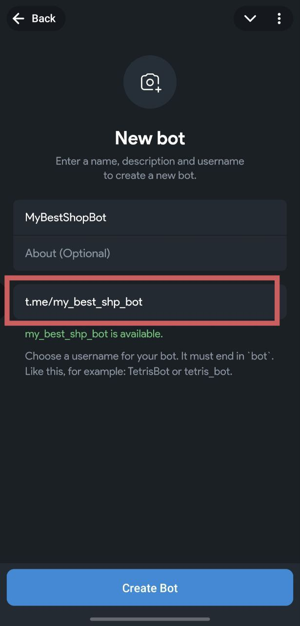 Создание нового бота в BotFather