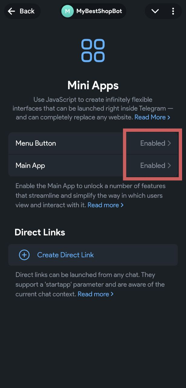 Проверка статуса Enabled в BotFather