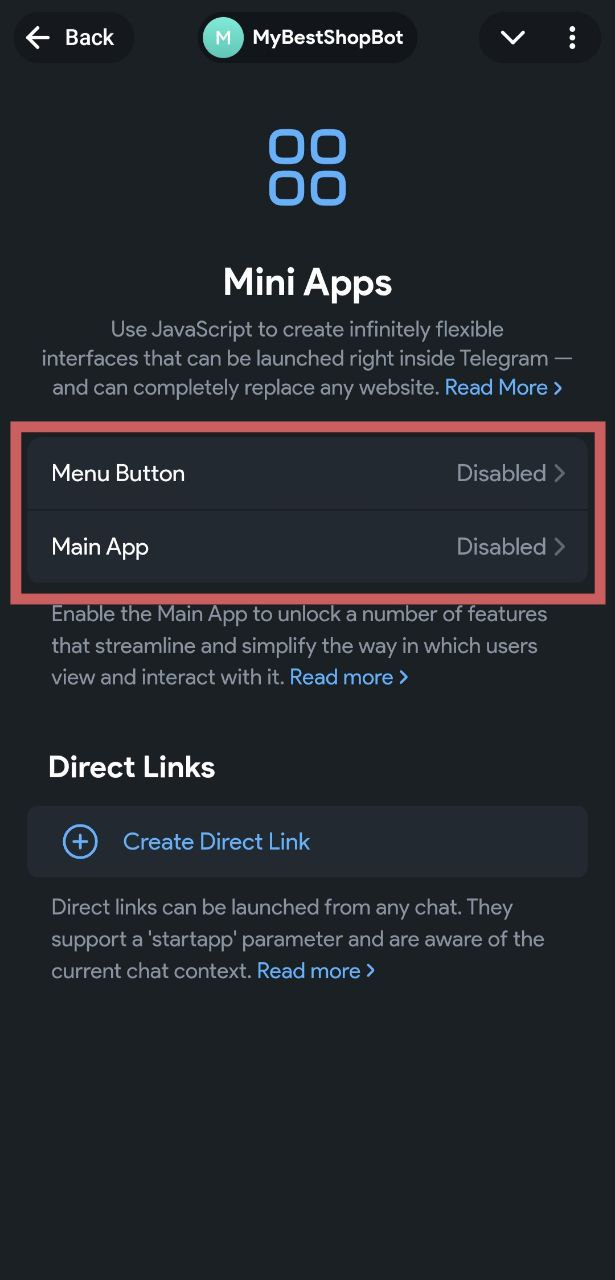 Настройки Menu Button и Main App в BotFather