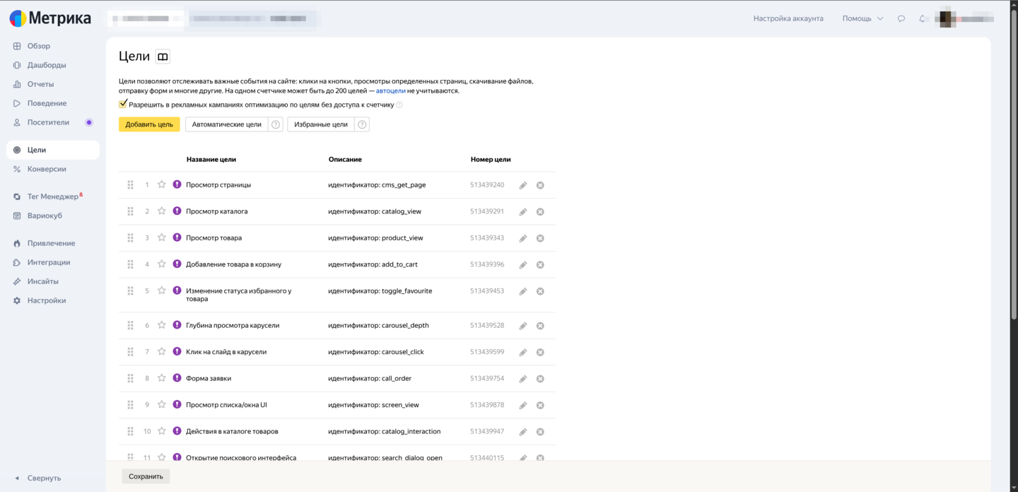 Список целей Omnis в Яндекс.Метрике