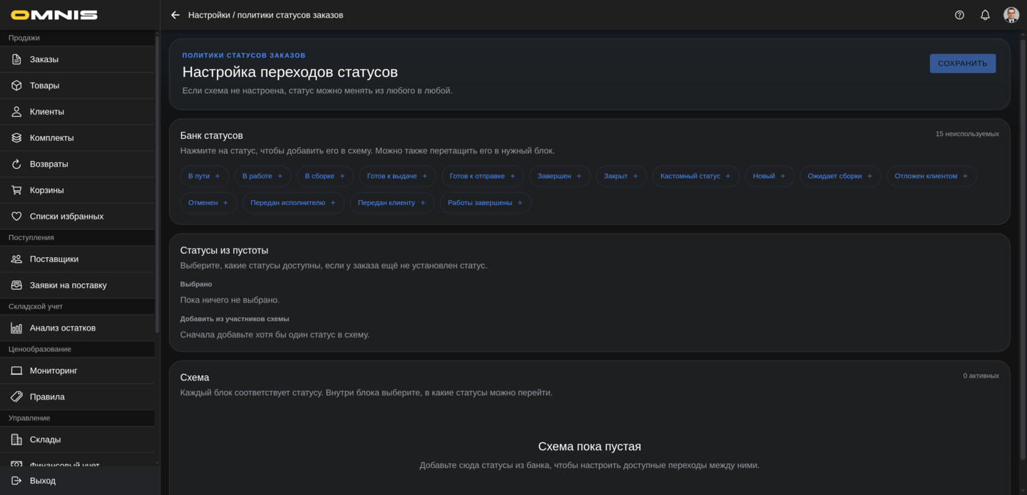 Раздел Политики статусов заказов